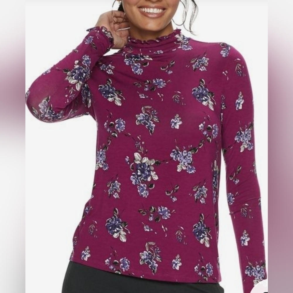Womens ELLE Long Sleeve Ruffle Mock Neck WINE/PURPLE MEDIUM